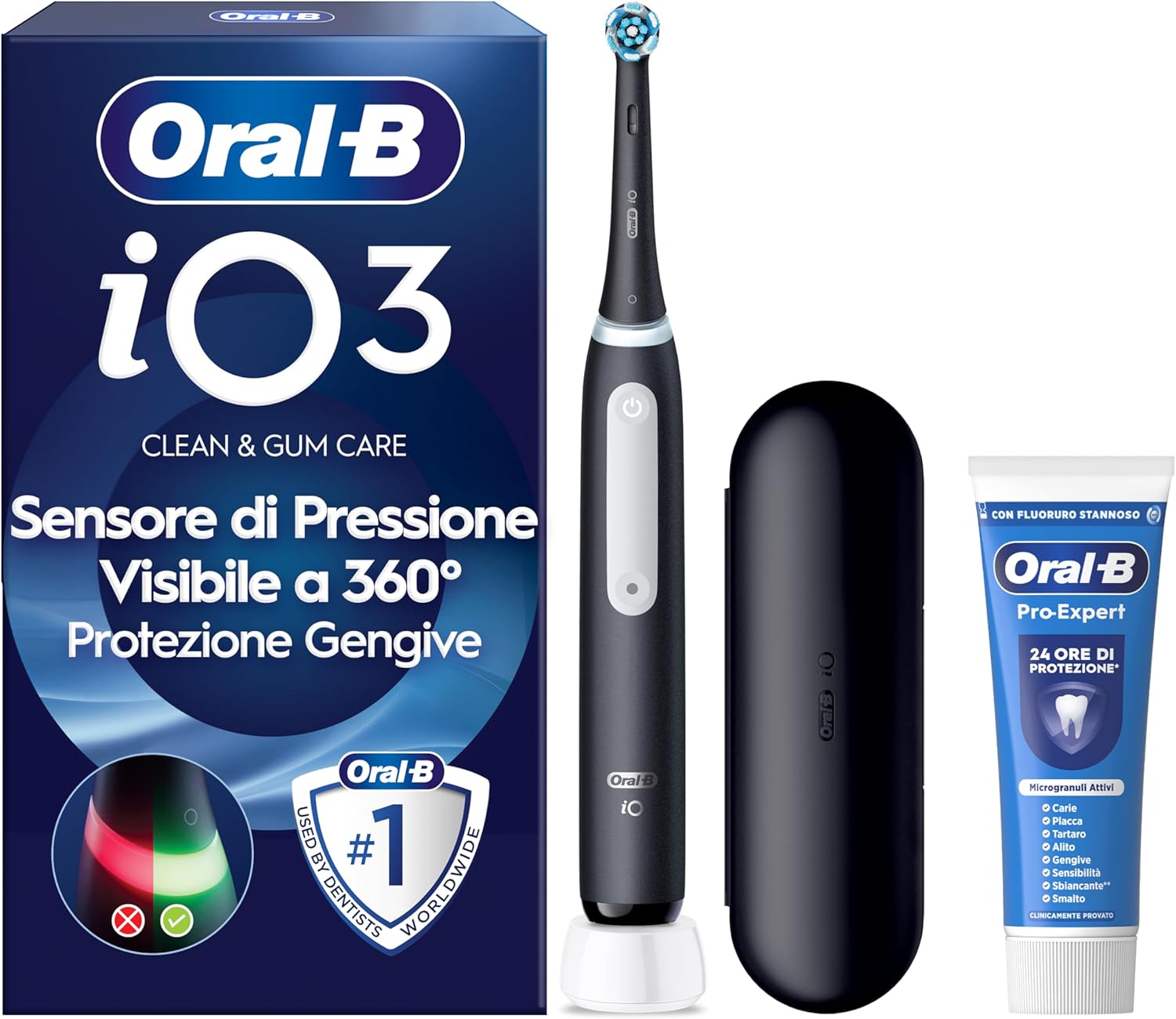 Oral-B iO 3 Spazzolino Elettrico Ricaricabile, con 1 Testina di Ricambio, Nero - 1 Testine di Ricambio per Spazzolino Elettrico, Custodia da Viaggio + 1 Dentifricio Pro Expert, Pulizia Denti Efficace