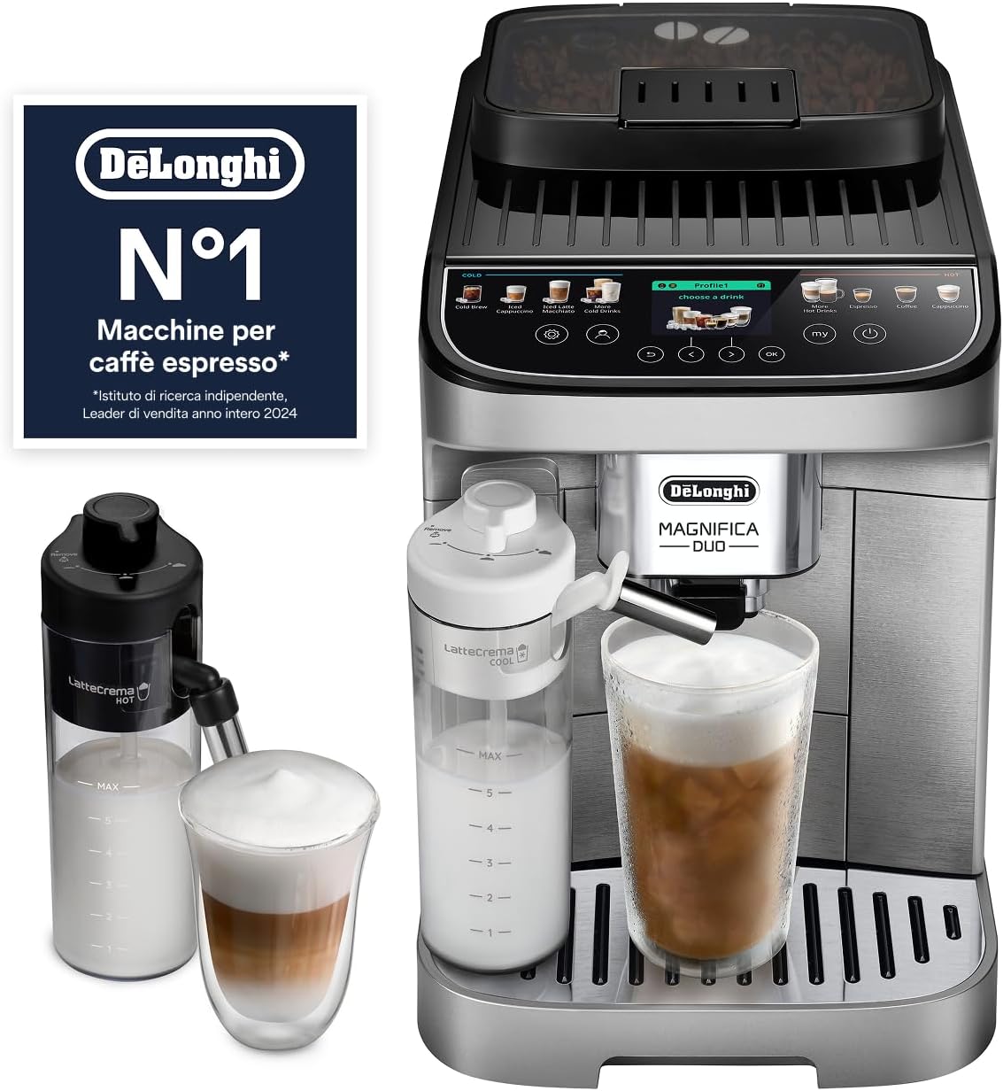 De’Longhi Magnifica Duo – Perfetto Macchina da Caffè Automatica con Montalatte Automatico LatteCrema, 20 Bevande Calde e Fredde, Display a Colori con Icone, Argento Spazzolato (ECAM332.80.SXB)