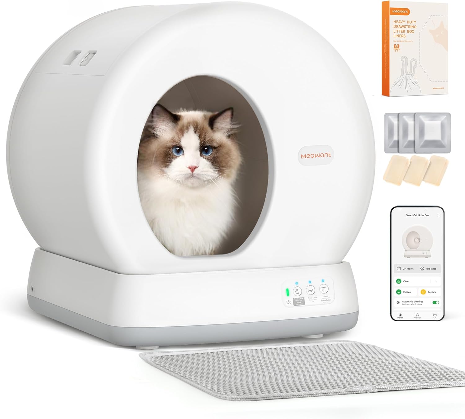 MeoWant Lettiera Gatto Autopulente, 57,6L Lettiera Automatica per Gatti con Sacchi Spazzatura e Tappetini Gatti per Multi Gatto, Isolamento Odori, Pulizia Facile, Comando APP