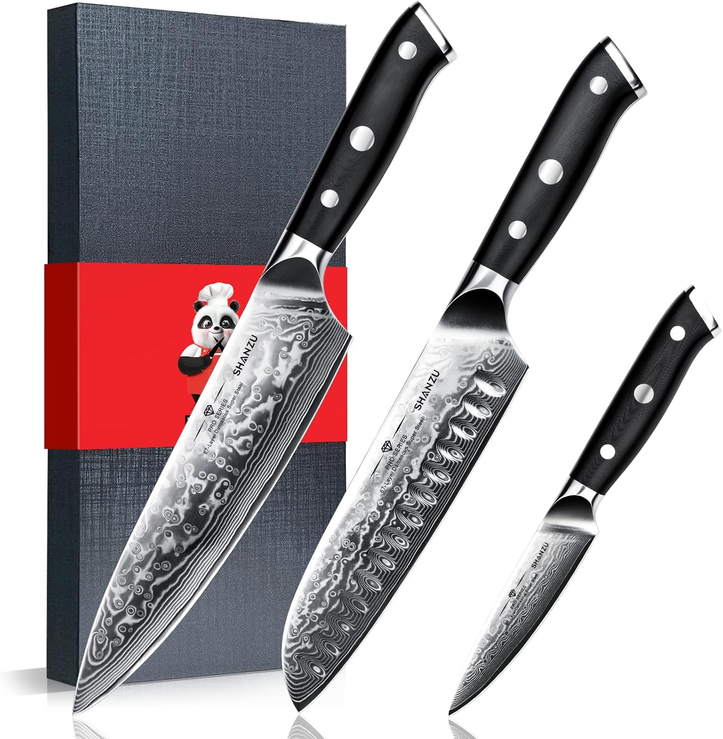 SHAN ZU Set Coltelli Damasco 3 Pezzi, Giapponesi Coltelli da Cucina 67 Strati in Super Acciaio Damasco, Set Coltello da Chef Ultra Affilati Professionali ad Alto Tenore di Carbonio con Manico G10