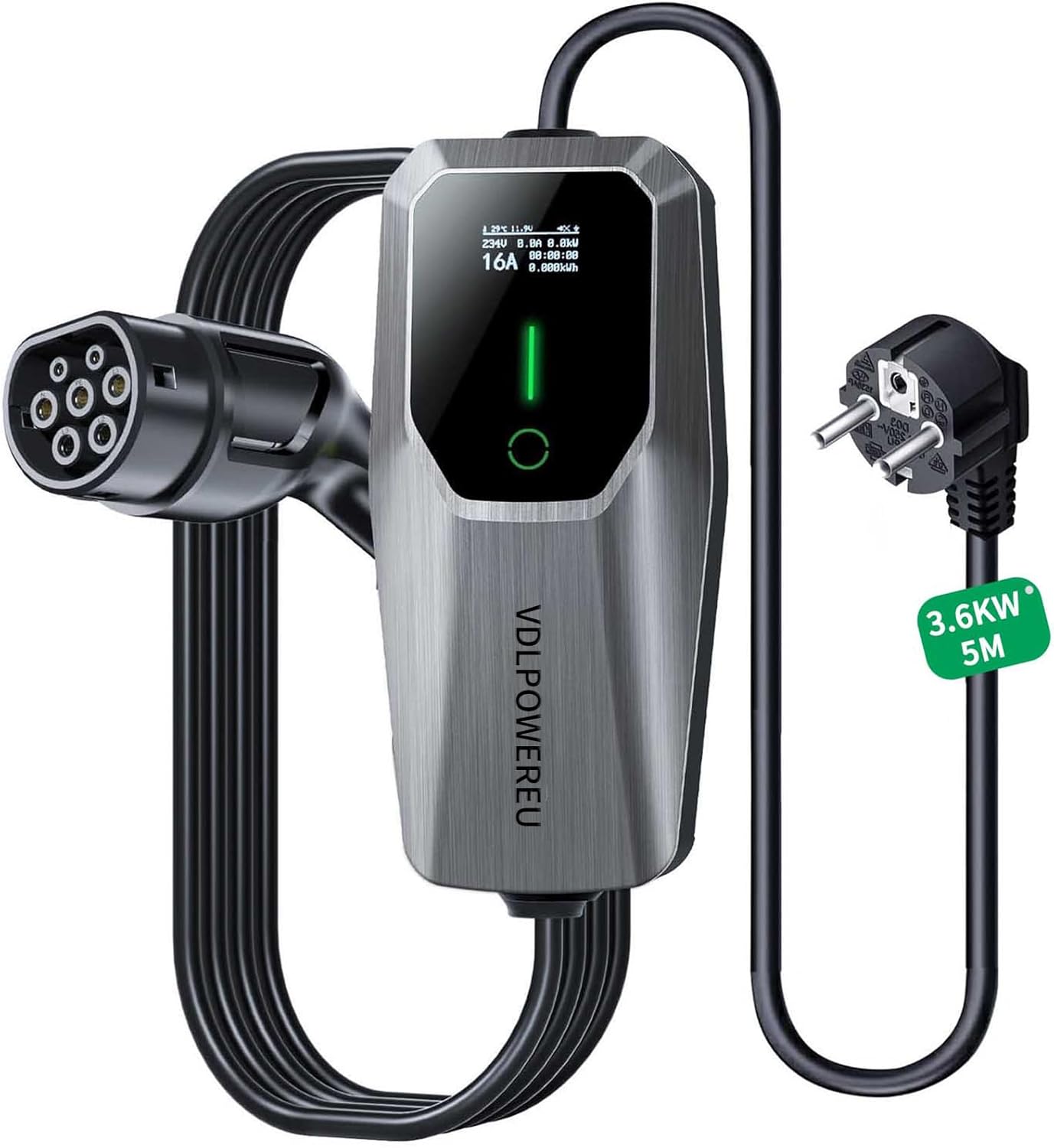 Cavo Ricarica Auto Elettrica, 3,6 KW EV Caricatore Tipo 2, 5m Caricabatterie Elettrico per Auto, 6-16 A con Spina EU Schuko, Wallbox Terminale di Ricarica monofase IP65 (IEC 62196-2)