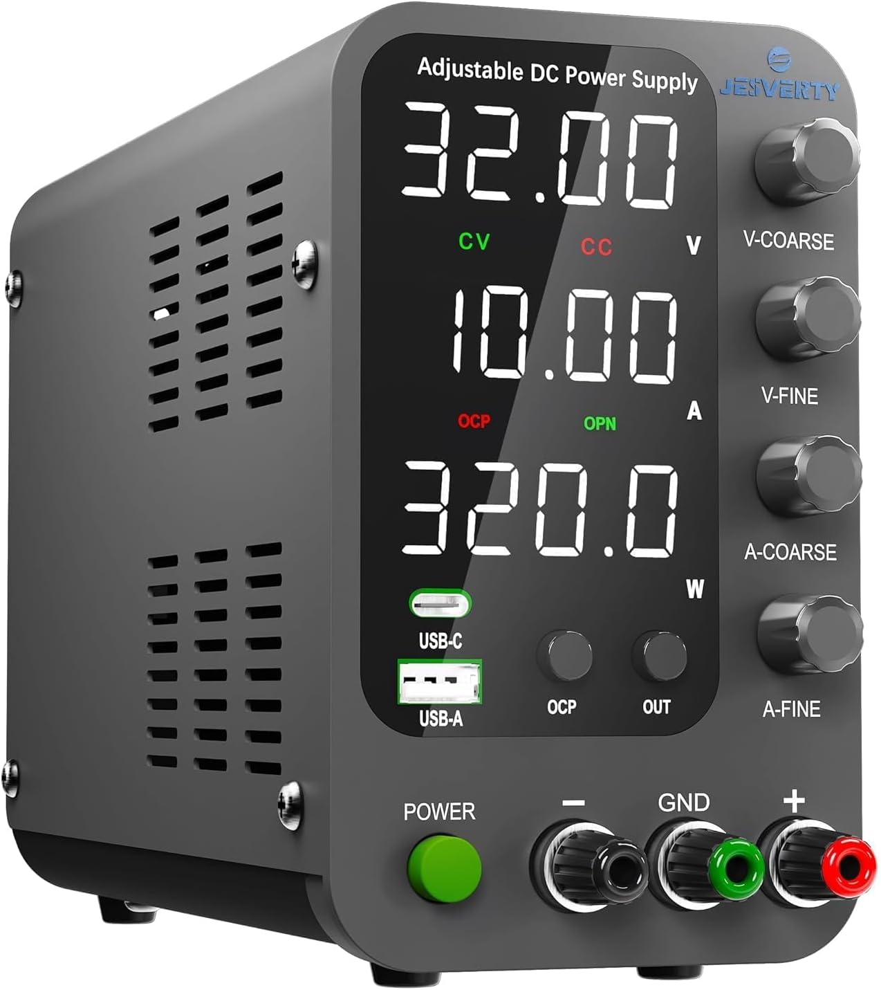 Alimentatore CC variabile, alimentatore da banco commutabile 32V,10A con ricarica rapida USB e Type-C da 20W, manopola di regolazione fine e di corasione dell'encoder, interruttore di uscita SPS-3010V