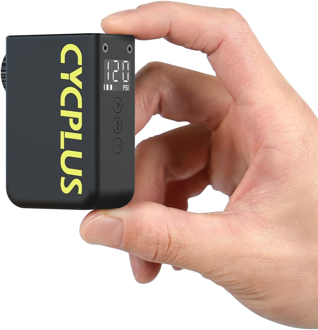 CYCPLUS Mini Pompa per Bicicletta con Manometro, Pompa Elettrica Compatta da 120 PSI, Funzione di Arresto Automatico, Valvole Presta e Schrader per E-Bike, MTB e Bici da Corsa AS2 Ultra (90g)