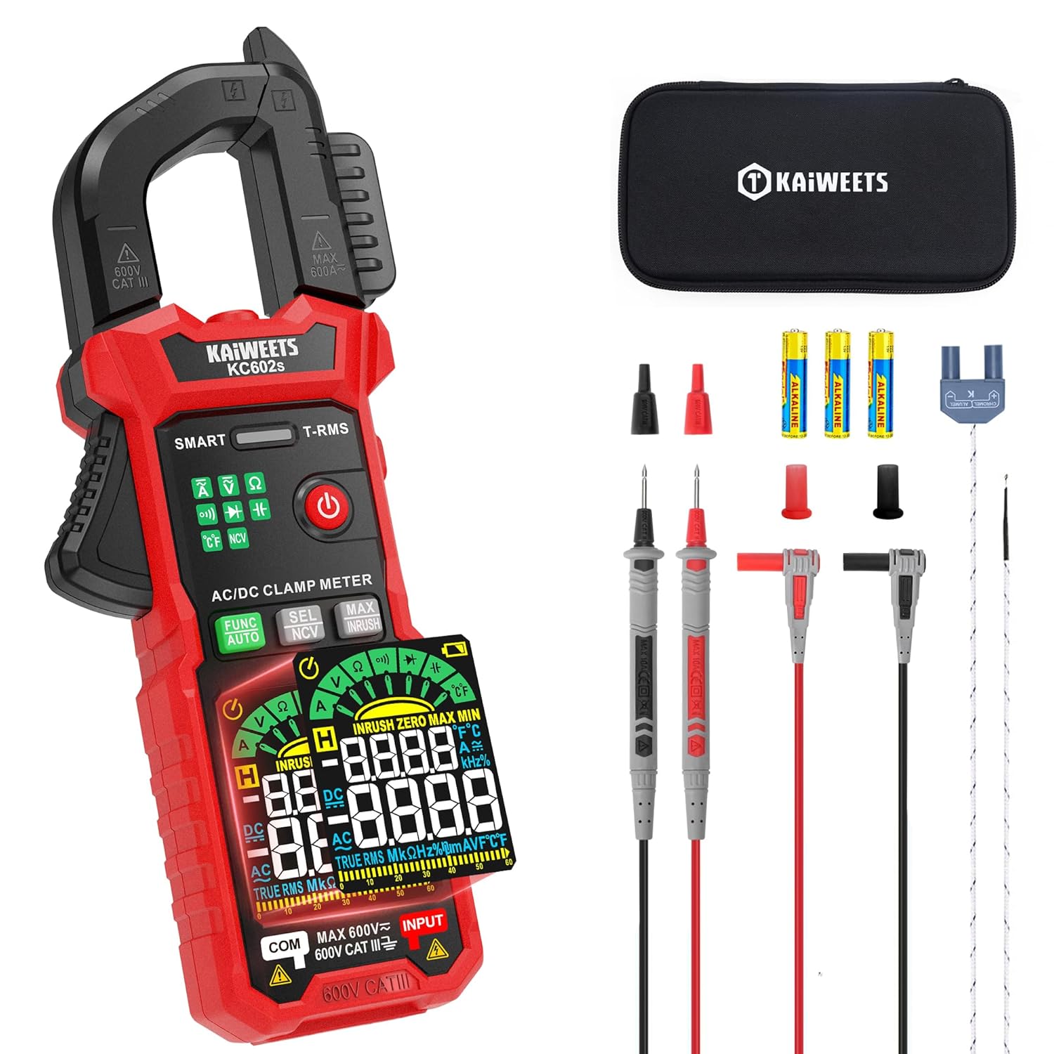 KAIWEETS Pinza Amperometrica Digitale 600A TRMS, Auto Misurazione Intelligente, 6000 Counts, Corrente e Tensione AC/DC, NCV, Corrente di Spunto, Resistenza, Capacità, Temperatura, Test Diodi e Continu