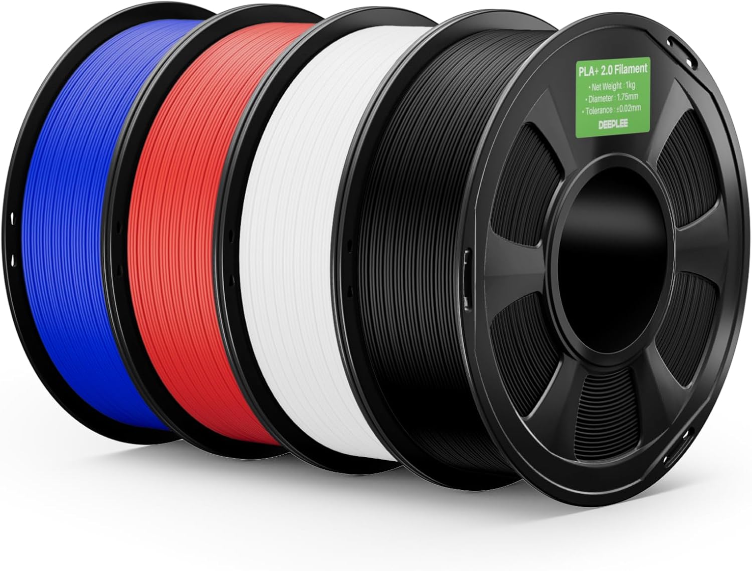 DEEPLEE Filamento PLA+ 2.0 1.75 mm, Alta Tenacità e Finitura Liscia, Pack 4 kg: Nero + Bianco + Rosso + Blu (4×1 kg), Precisione ±0.02 mm per Stampanti 3D FDM