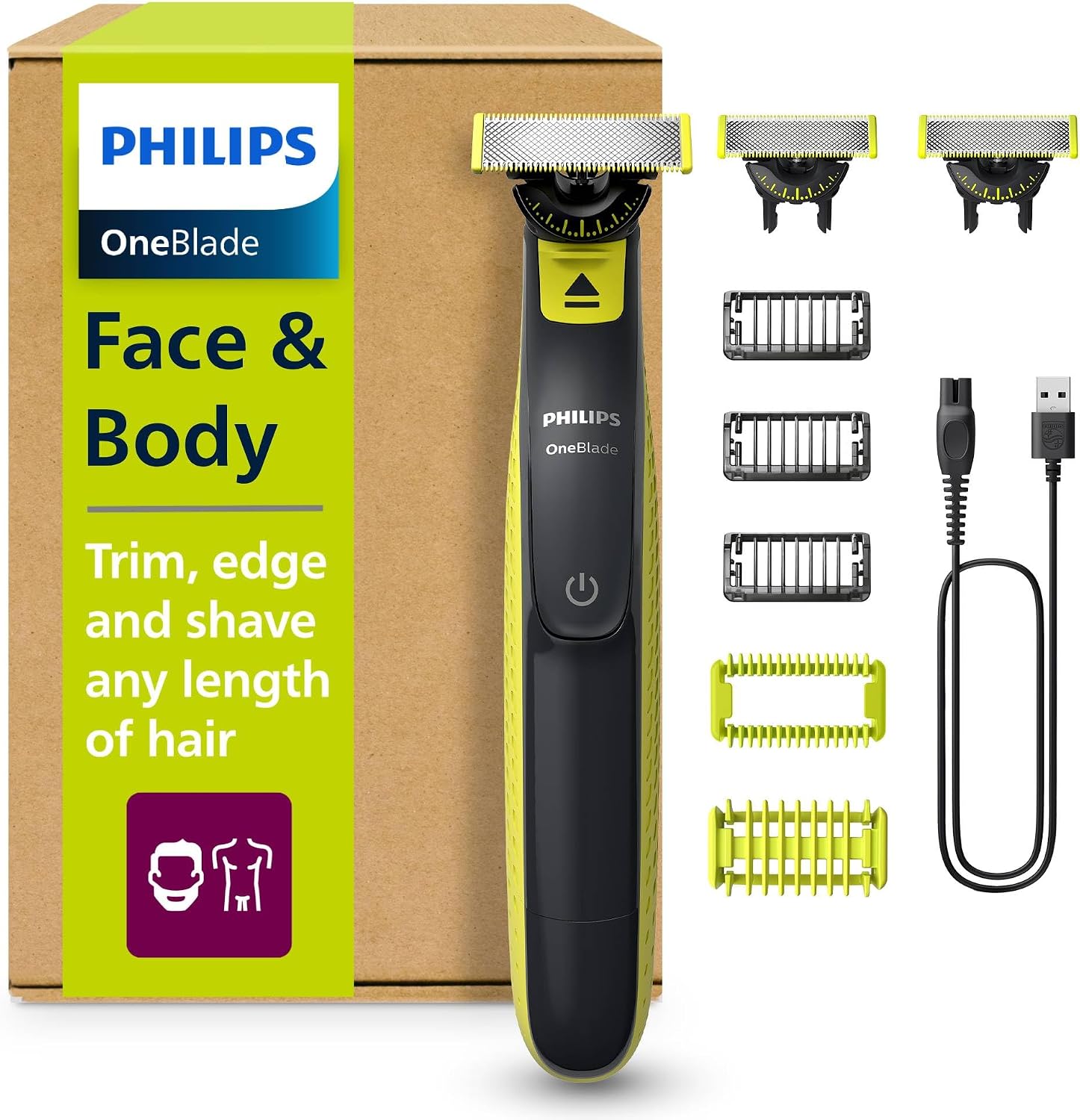 Philips OneBlade 360 Autentico Regolabarba Elettrico per Viso e Corpo, Rasoio e Spazzola, 3x 360 Lame, 3x Pettine per Barba (1,3,5 mm), 1x Kit per il Corpo, QP2824/31