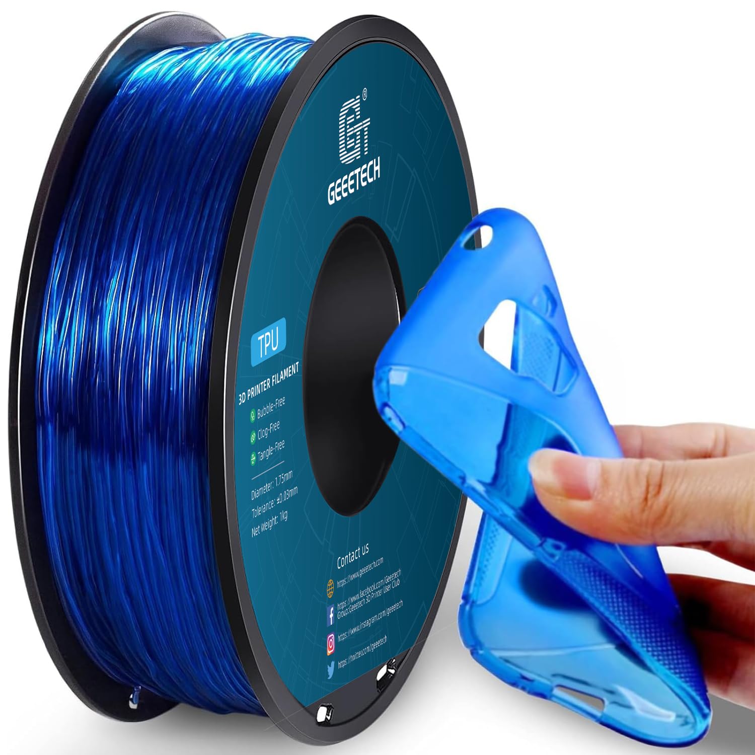 GEEETECH Filamento TPU 1,75 mm +/- 0,02 mm per stampante 3D, 1 kg 1 spool Blu Trasparente