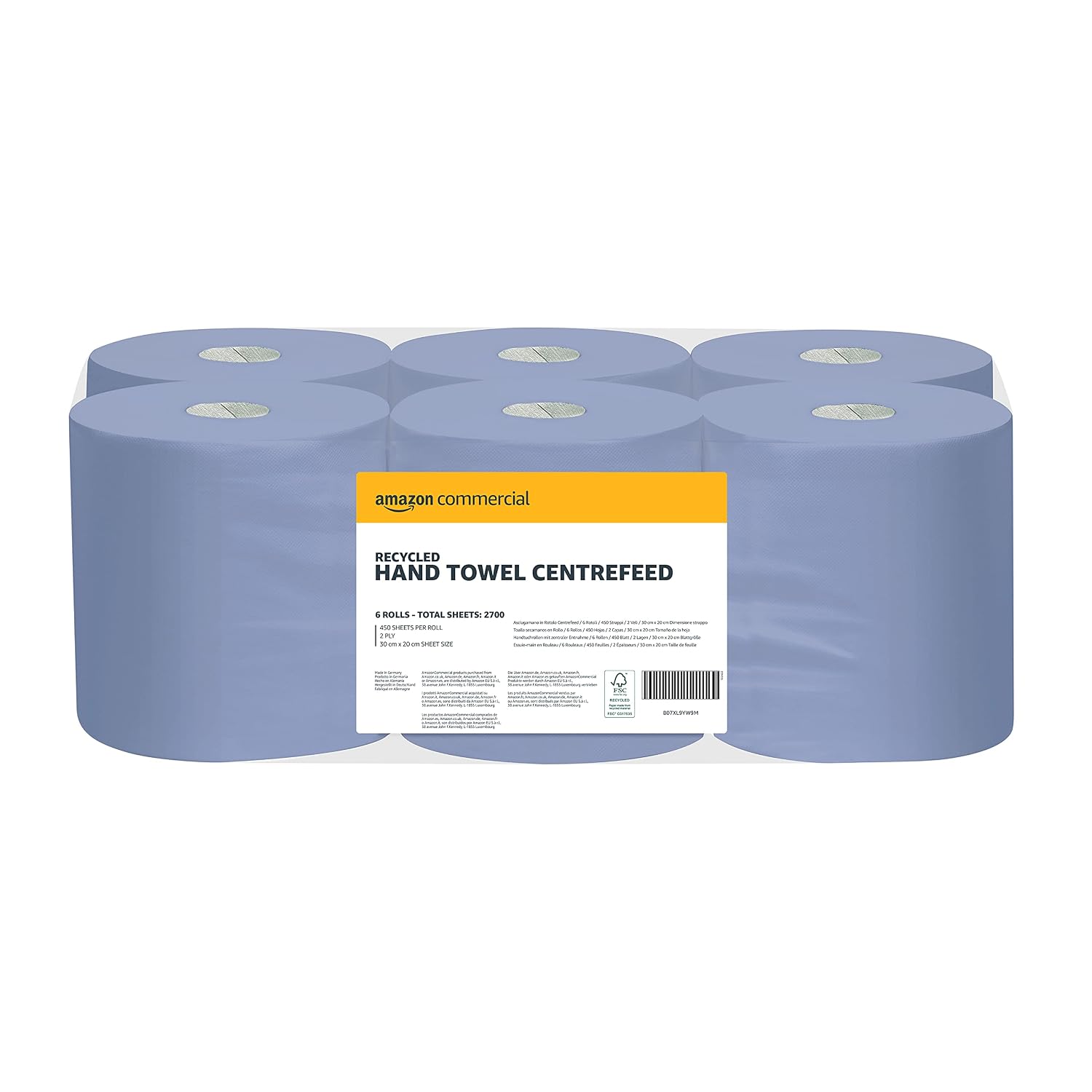 AmazonCommercial Carta Assorbente Multiuso XL, rotolo a estrazione centrale a 2 veli, blu, carta riciclata, 6 rotoli (1 confezione), 450 fogli per rotolo, dimensioni del foglio: 20 x 30cm