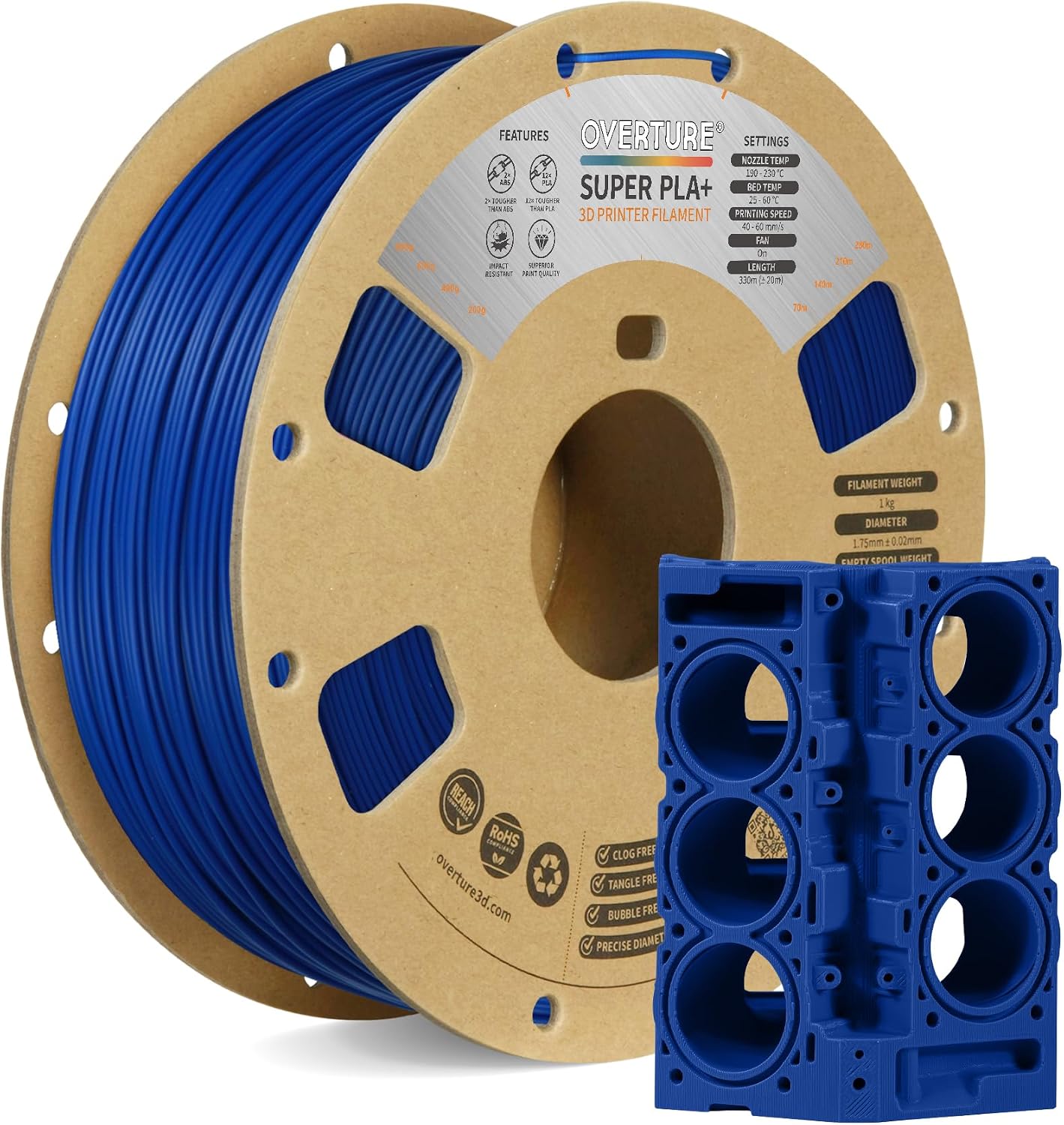 OVERTURE Super PLA+ Filamento 1.75mm, Toughness Enhanced PLA Plus, 1kg Bobina(2.2lbs), Precisione Dimensionale +/- 0.03 mm, per Stampante 3D (Blu Scuro)
