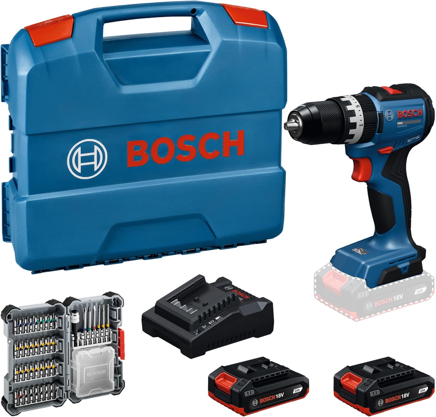 Bosch PRO 18V System Trapano-avvitatore a percussione a batteria GSB18V-52 (incl. batteria GBA 18V 2.0Ah, GAL 18V-20, set AC, L-case)