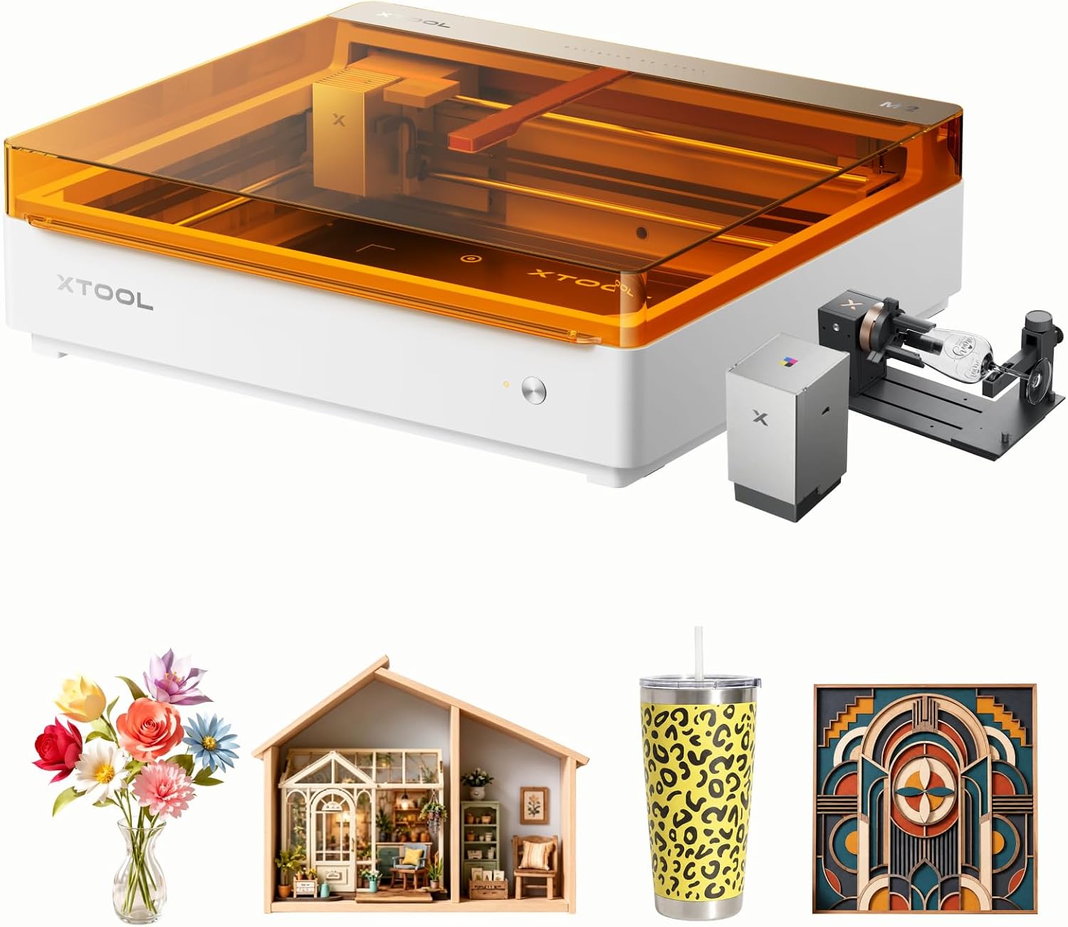 xTool M2 10W Laser Chiuso Classe 1 con Stampante CMYK e Rotatorio RA3 Lite. Incisione e Stampa su Borracce, Tazze, Legno e Pelle. Macchina Tutto-in-Uno per Fai da Te e Artigianato