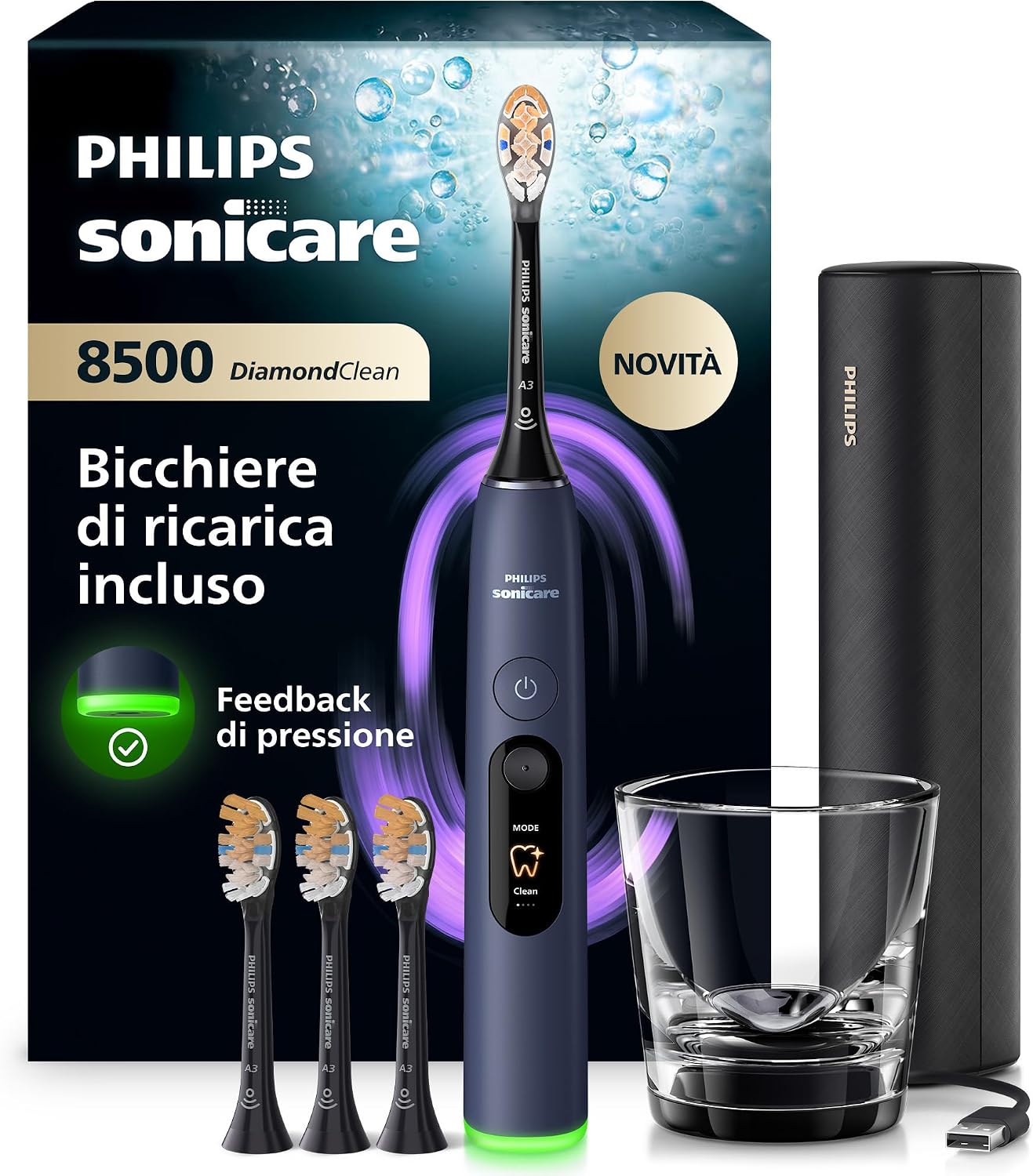 Philips Sonicare Next-Generation DiamondClean 8500 Spazzolino elettrico - con Feedback di pressione, 18 impostazioni, blu scuro, HX8515/13