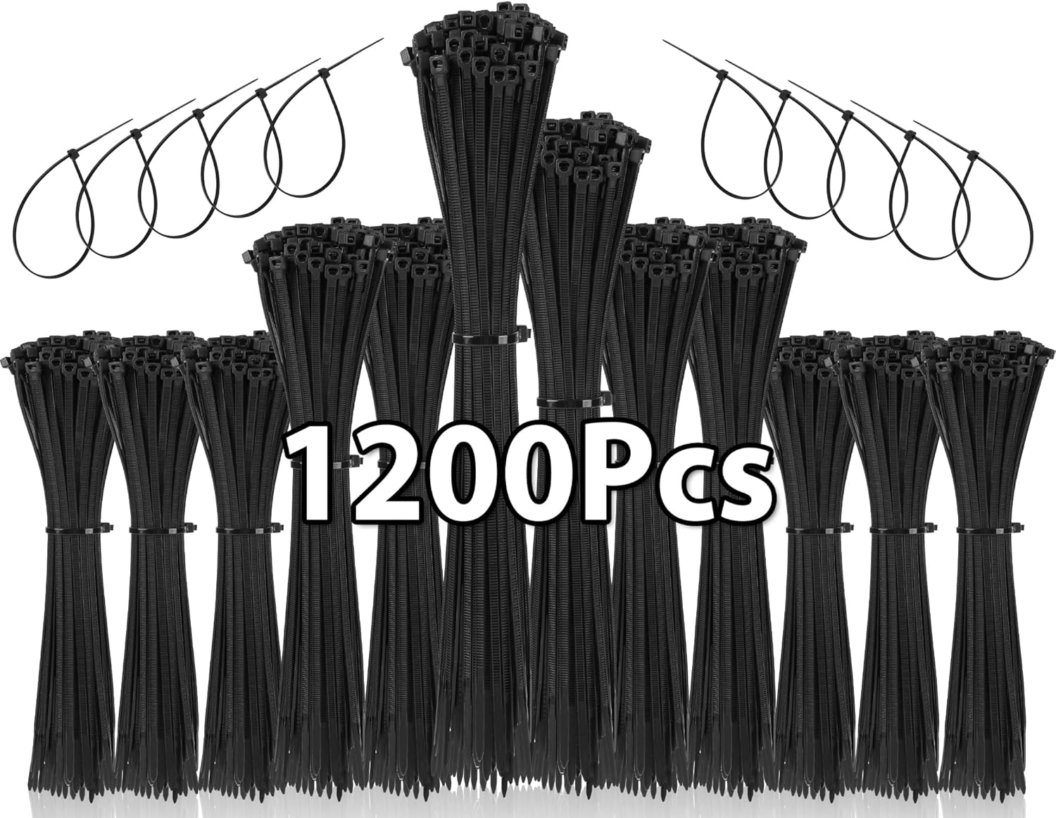 1200 Pezzi Fascette Plastica, 100/150/200/250mm Fascette Elettricista, Fascette Nere Resistente Allatemperature, Resistenza alla rottura 18 kg per Gestione dei Cavi Elettrici, Fili, Giardinaggio