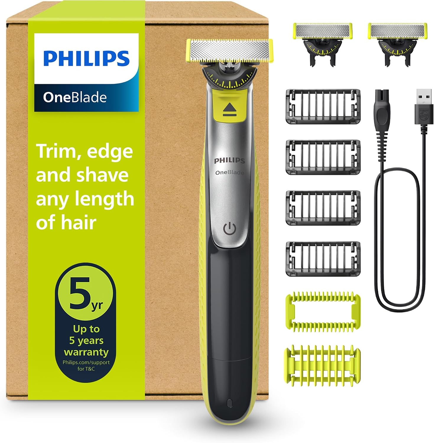 Philips OneBlade QP2834/31 - Regolabarba elettrico 360 autentico, per viso e corpo, 3 lame da 360, 4 pettini per barba (1, 2, 3, 5 mm), 1 kit per il corpo
