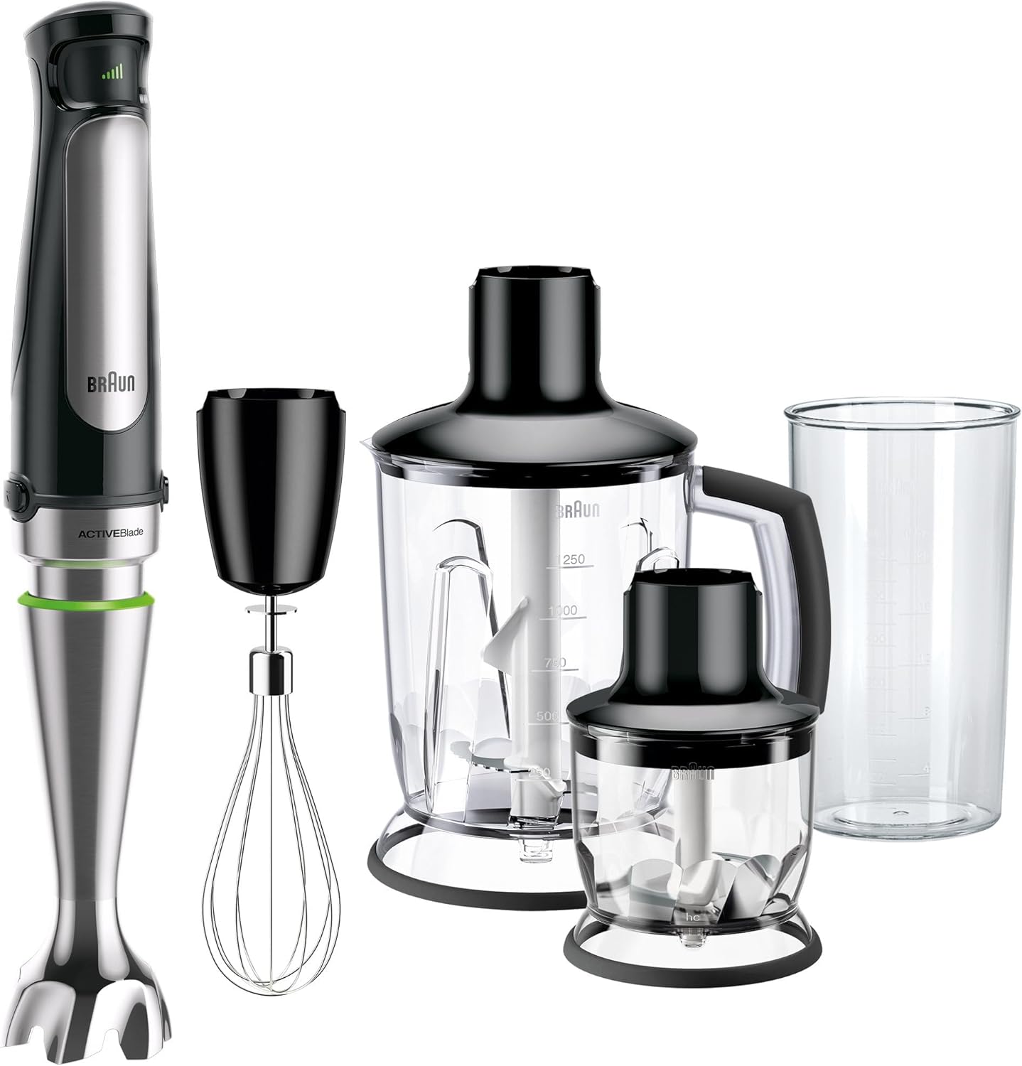 Braun MQ7045X MultiQuick7 Minipimer con 5 ANNI DI ASSISTENZA, Frullatore ad Immersione dotato di Tritaghiaccio/Tritatutto 1,25L, frusta a filo, Mini-Tritatutto 350ml, bicchiere graduato 600ml, 1000W
