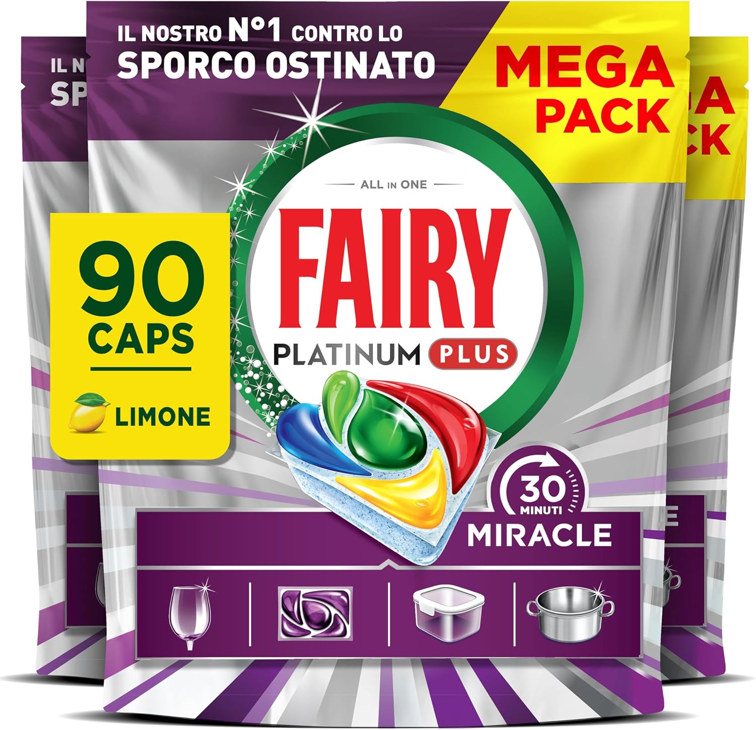 Fairy 30 Minuti Miracle Pastiglie Lavastoviglie, 90 Caps, Limone