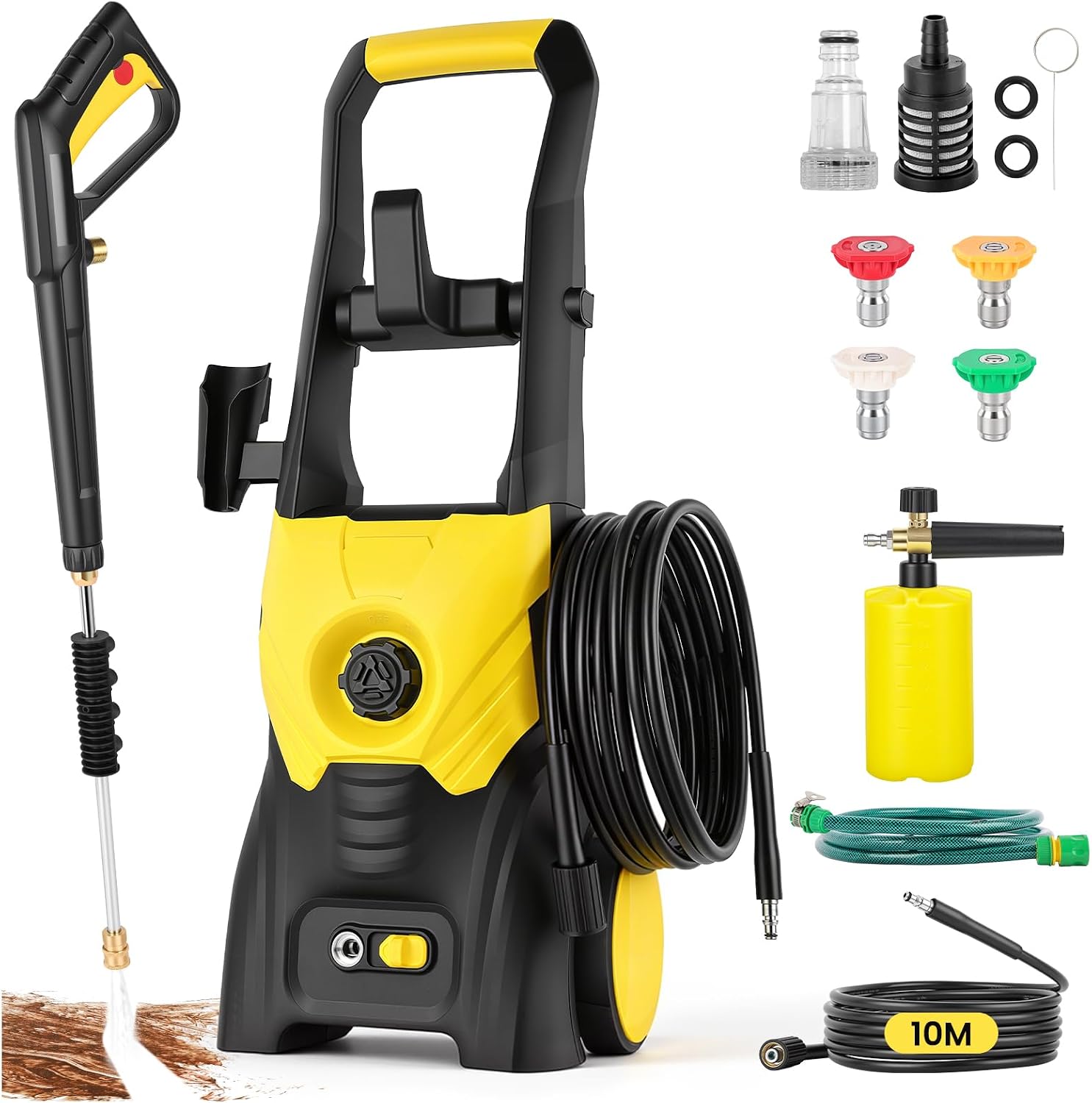 2500W Idropulitrice Professionale, Max 200 Bar, con Schiuma, 4 Ugelli e Tubo 10m, Portata di Pulizia di 500L/H,per Auto, Patio, Vialetti, Recinzioni, Pavimenti, Colore Giallo